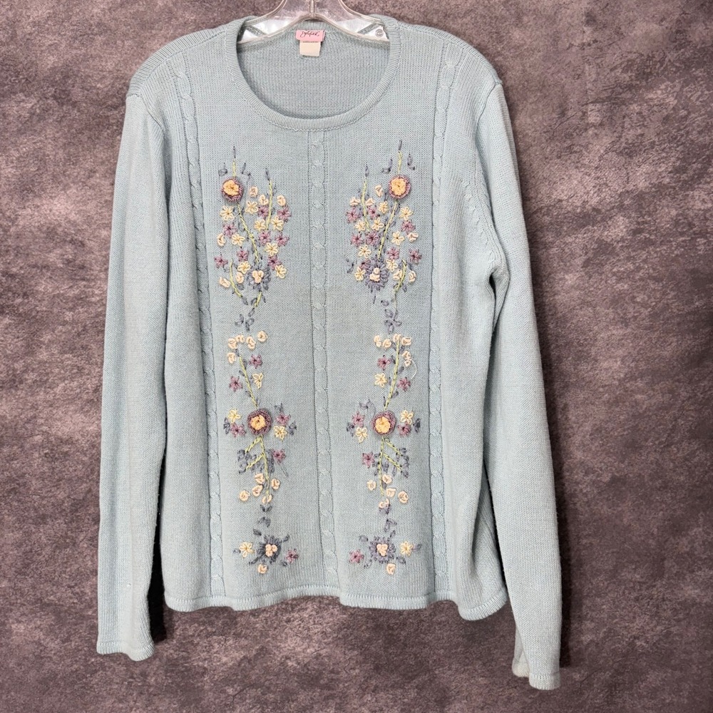 Adrian Delafield Crewel Embroidered Sweater Womens L Light Blue Cottage Floral